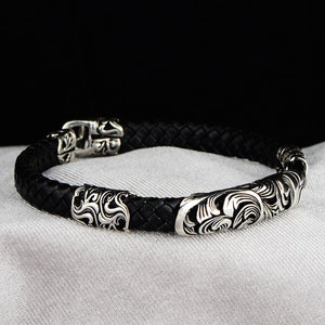 Mens Silver Bracelet , Black Leather Bracelet , Vintage Leather Bracelet , Black Stone Bracelet ,925k Sterling Silver Bracelet ,Gift For Him