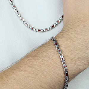 Silber Rubin Handgravierte Halskette Armband-Set, Rubin Byzantinerkette Armband, Rubin Gliederkette, Silber Vintage Kette Halskette, 925er Silber