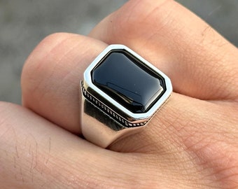 Silver Square Black Onyx Ring , Onyx Signet Ring Classic Handmade