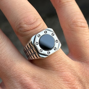 Men Silver Black Onyx Ring , Signet Round Onyx Ring, Handmade Ring For Men , Onyx Signet Ring , 925k Sterling Silver , Gift For Him