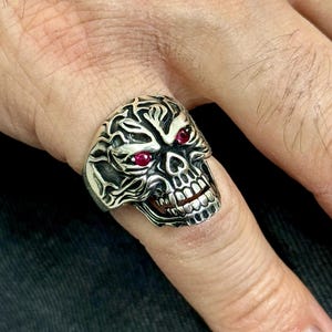 Sterling Silver Skull Ring, Ruby Gemstone Eyes Skull Ring, Anatomical Skeleton Skull Ring, Biker Jewelry, Gothic Silver Ring, 925 Silver