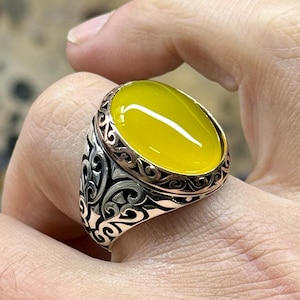 Men Handmade Agate Ring, Yellow Agate 925 Silver Ring, Aqeeq Stone Ring , Genuine Yellow Agate Men Vintage Ring, Father Day Gift, 925 Silver