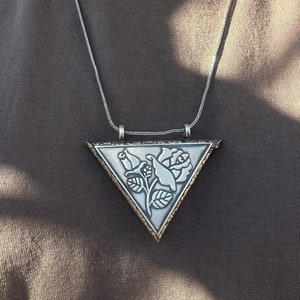 Triangle Silver Prayer Pendant , Silver Box Necklace, Flowers Design Ornament Amulet, Locket Box Pendant, 925k Sterling Silver Necklace