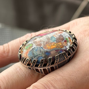 Multi Color Turquoise Gemstone Ring, Large Natural Turquoise Ring , Mens Handmade Ring , Men Sterling Silver Ring, Men Vintage Ring
