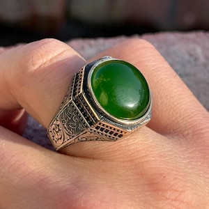 Men Silver Round Jade Gemstone Ring, Turkish Handmade Men Ring, Minimal Jade Gemstone Ring, Green Jade Ring, Gift For Men, 925 Silver Ring