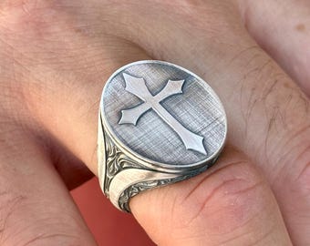 Silver Cross Signet Ring, Silver Handmade Christian Rings, Cross