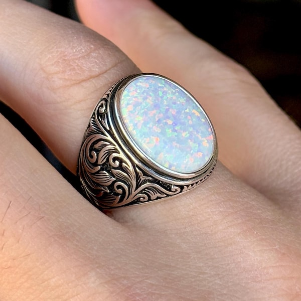 Zilveren natuurlijke opaalring, witte opaal herenring, opaal zegelring, handgemaakte ring in Ottomaanse stijl, Turkse sieraden, cadeau voor mannen, 925 zilver