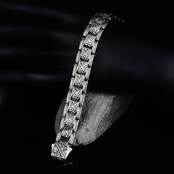 Bracelet épais en argent pour homme, bracelet brodé fait main, bracelet épais vintage, bracelet chaîne à maillons lourds, argent sterling 925 carats