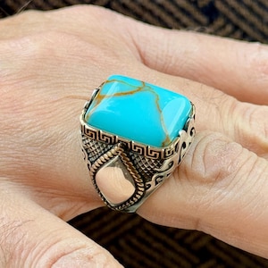 Mens Turquoise Men Silver Ring, Blue Turquoise Ring, Engraved Greek Men Ring, Modern Sterling Silver Men Ring, 925k Sterling Silver Ring