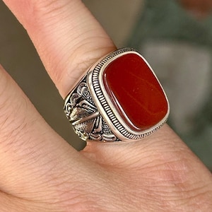 Men Silver Red Agate Ring , Square Aqeeq Gemstone Ring , Father Day Gift, Men Ottoman Style Handmade Ring , 925k Sterling Silver Ring