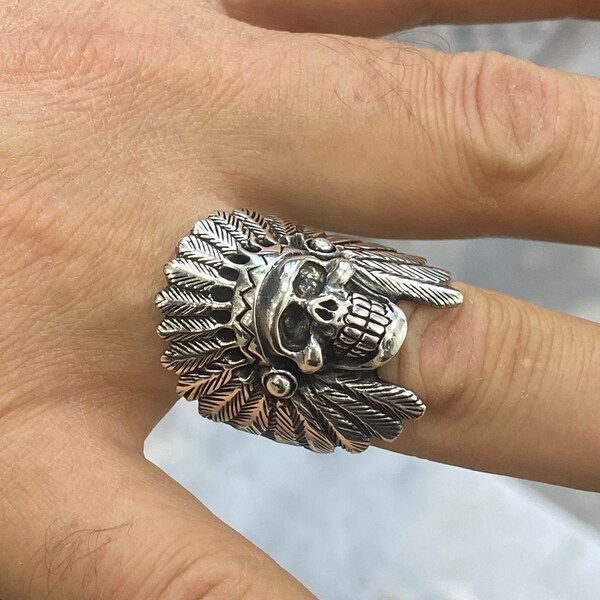 Nativa American Skull  Ring , Silver Handmade American Chief  Ring ,  Biker Style Ring , Silver İndian Ring  ,  925k Sterling Silver Ring