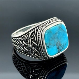 Anillo de plata turquesa para hombre, anillo de plata turquesa natural cuadrado, anillo de hombre grabado, anillo de boda turquesa, anillo de plata 925k, plata 925