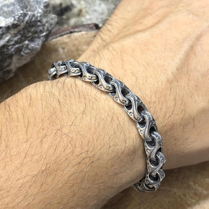 Silver Engraved Chain Bracelet, Men Chain Bracelet, Silver Heavy Chain Men Bracelet, Men Thick Chain Bracelet, Unique Men Father Day Gift