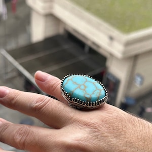 Men Silver Turquoise Stone Ring , Oval Silver Turquoise Ring , Ottoman Style Handmade Ring , 925k Sterling Silver Ring , Gift For Him