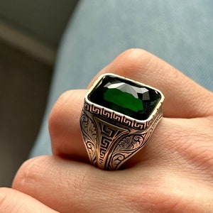 Silver Handmade Ring , Engraved Emerald Stone Ring , 925K Silver Green Stone Ring , Father Day Gift, Ottoman Style Ring , Gift For Him