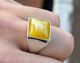 Men Silver Honey Amber Stone Ring , Square Amber Ring , Ottoman Ring, Amber Gemstone,  Ottoman Jewelry ,  925  Sterling Silver Ring