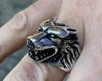 Anillo de lobo de plata hecho a mano, anillo de cabeza de lobo salvaje, anillo de plata esterlina con cabeza de lobo, anillo de plata animal hecho a mano, anillo de plata esterlina 925k