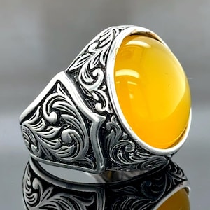 925 Silver Yellow Agate Ring, Natural Aqeeq Gemstone Ring, Turkish Handmade Men Ring, Men Vintage Ring, Father Day Gift, 925k Silver