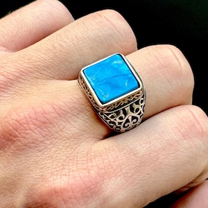 Men Square Turquoise Ring, Natural Turquoise Men Ring, Turkish Handmade Silver Ring, Turquoise Ring Men, Engraved Men Ring, 925k Silver