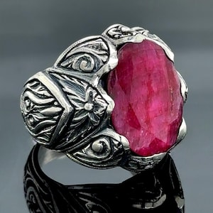 Men Silver Ruby Stone Ring,  Engraved Handmade Men Ring, Red Stone Men Ring, Ottoman Style Ring, 925k Sterling Silver Ring, Gift For Him