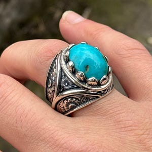Silver Natural Turquoise Ring, Men Artisan Turquoise Gemstone Ring, Mens Signet Ring, Blue Copper Turquoise Ring, Turkish Jewelry,925 Silver