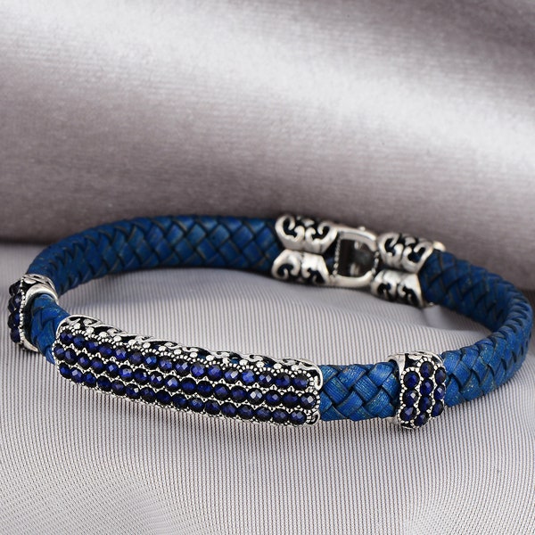 Men's Silver Sapphire Stone Bracelet , Blue Leather Bracelet , Genuine Leather Bracelet , Blue Sapphire Stone Bracelet , 925k Silver