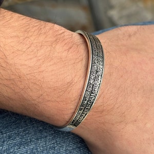 925 Sterling Silber Männer Ayatul Kursi Manschette Armband, Silber Islamische Armbänder, Arabisch Geschrieben Manschette Armreif, Verstellbare Silber Armband