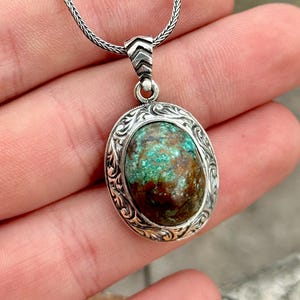 Silver Natural Turquoise Necklace, Engraved Turquoise Pendant, Copper Turquoise Necklace, Floral Engraved Pendant, 925k Sterling Silver