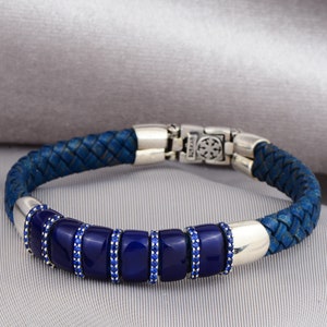 Men&#39;s Silver Blue Leather Bracelet , Natural Sapphire Stone Bracelet  Genuine Leather Bracelet , Blue Sapphire Stone Bracelet , 925k Silver