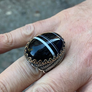 Mens Handmade Ring , Large Onyx Stone Ring, Men Sterling Silver Ring, Striped Onyx Ring , Ottoman Jewelry , Gift for Father&#39;s Day