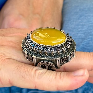Men Silver Handmade Ring, Large Yellow Agate 925 Silver Ring, Aqeeq Gemstone Ring , Genuine Yellow Agate Men Vintage Ring, Father Day Gift