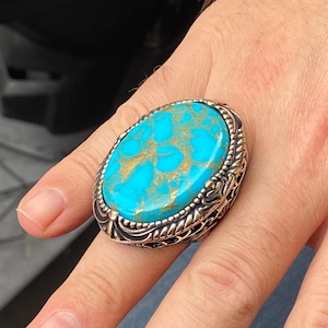 Mens Handmade Ring , Large  Turquoise Gemstone Ring, Men Sterling Silver Ring, Ottoman Jewelry , Men Vintage Ring, Gift for Him