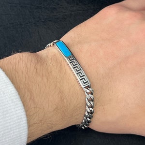 Men Turquoise Stone Tag Bracelet , Silver Chain Bracelet , Men Thick Chain Bracelet , Silver Curb Bracelet , 925k Sterling Silver Bracelet