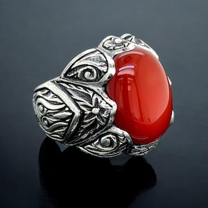Mens Silver Red Agate Ring , Engraved Handmade Red Agate Stone Ring, Dark Red Agate  Gemstone Ring , 925k Sterling Silver Ring ,Gift For Him