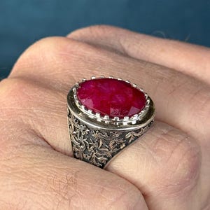 Silver Oval Red Ruby Stone Ring, Engraved Silver Ring, Statement Silver Ring, Ruby Wedding Ring, Ottoman Style Ring, Father Gift, Men Gift