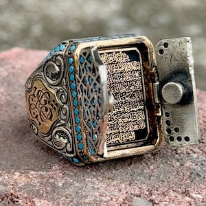 Men Silver Prayer Box Ring, Ayatul Kursi İslamic Ring, Turquoise Gemstone Pill Box Silver Ring, Handmade İslamic Ring, 925 Sterling Silver