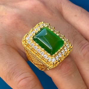 Silver Large Gold Jade Stone Ring, Natural Green Jade Ring, Turkish Handmade Gold Ring, Statement Men Ring, Gift For Men, Father Day Gift