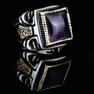 Man Silver Amethyst Ring , Natural Amethyst Ring , Handcrafted Ottoman Men Ring ,Turkish handmade , Gift for Him, 925k Sterling Silver Ring
