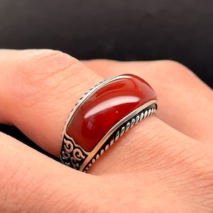 Men Handmade Tungsten Band Ring, Red Agate Carnelian Ring, Wedding Band Ring, Engraved Band Ring, Natural Gemstone Rings, Anniversary Gift