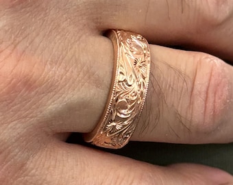 Vintage Rose Gold Engraved Band, Handmade Unique Floral Wedding Band, Nature Wedding Ring, Antique Ring, Couple Rings  925k Sterling Silver