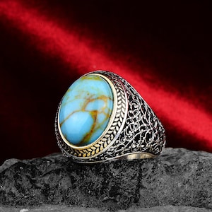 Men Handmade Turquoise Ring , Natural Turquoise Ring , Handcrafted Ottoman Ring  Turquoise ,Oval Gemstone Ring , 925k Sterling Silver Ring