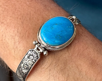 【】ターコイズ シルバー カフブレスレット シルバーターコイズカフブレスレット、ハンドメイド刻印入りメンズ