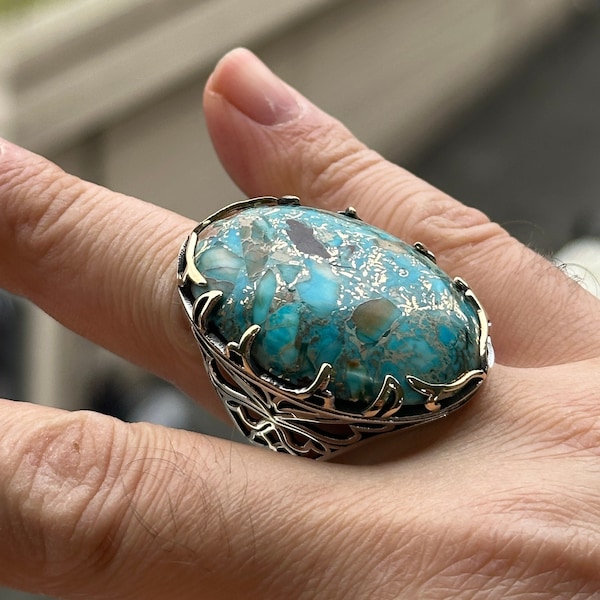 Bague en argent turquoise naturelle, grande bague turquoise, bague ovale turquoise faite main, bague en argent de style ottoman, bague en argent sterling 925 carats