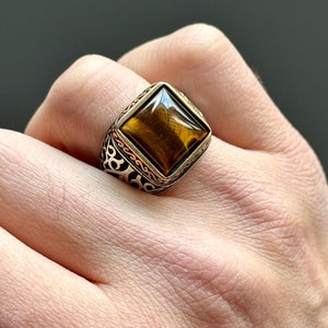 Men Silver Tiger Eye Stone Ring , Square Tiger Eye Stone Ring, Turkish Handmade Ring, Tiger Eye Signet Ring, 925k Sterling Silver