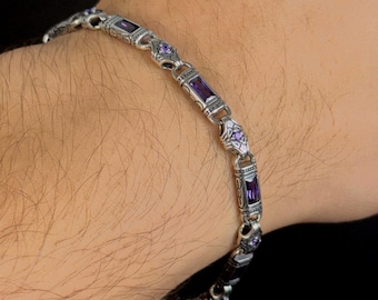 Silver Amethyst Hand-engraved Link Bracelet, Gemstone Byzantine