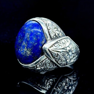 Silver Natural Lapis Lazuli Ring, Handmade Engraved Men Ring , Signet Blue Lapis Lazuli  Ring, Ottoman Style Ring , 925k Silver Ring