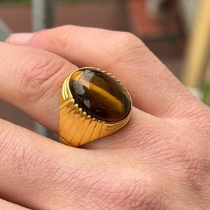 Zilveren tijgeroog edelsteenring, gouden tijgeroog zegelring, klassieke tijgeroog stenen ring, ovale pink ring, massief zilveren ring, cadeau voor mannen