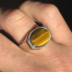 Mens Silver Tiger&#39;s Eye Stone Ring, Brown Tiger Eye Ring, Oval Tiger Ege Gemstone Ring, Turkish Handmade Tiger Eye Stone Ring , Gift to Him