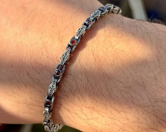 Silver Ruby Hand-engraved Bracelet, Byzantine Link Chain Bracelet