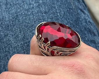 Silver Ruby Stone Ring , Man Handmade Large Ring , Big Red Stone Ring , Zircon Stone Ring , 925k Sterling Silver Ring , Gift For Him